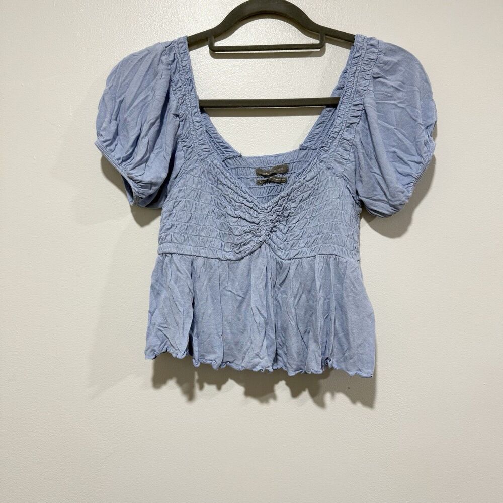 Urban Outfitter Light Blue Puff Sleeve Stretch Crop Top Blouse Women Size Small